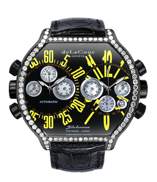 Replica DeLaCour BiChrono S2 Steel PVD Diamond bezel Black and Yellow WAST2237-0980 Replica Watch